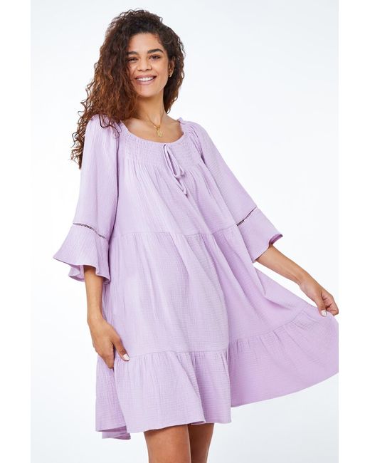 Roman Purple Tiered Cotton Tie Detail Smock Dress