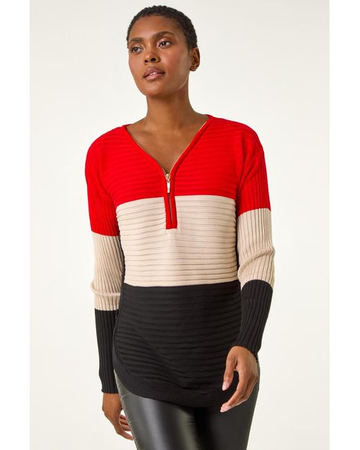 Roman Red Colour Block Zip Front Knit Jumper