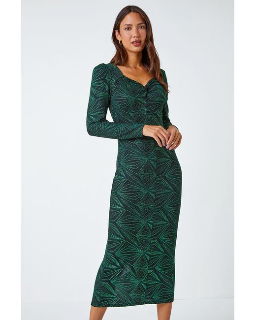 Roman Green Geometric Glitter Print Midi Stretch Dress