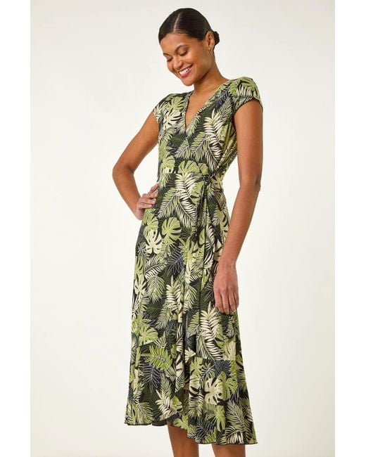 Roman Green Floral Stretch Midi Wrap Dress