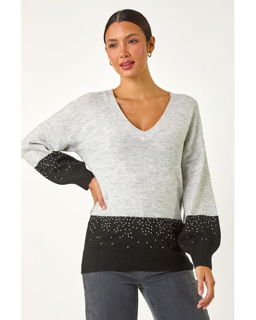 Roman White Colour Block V-Neck Boyfriend Jumper