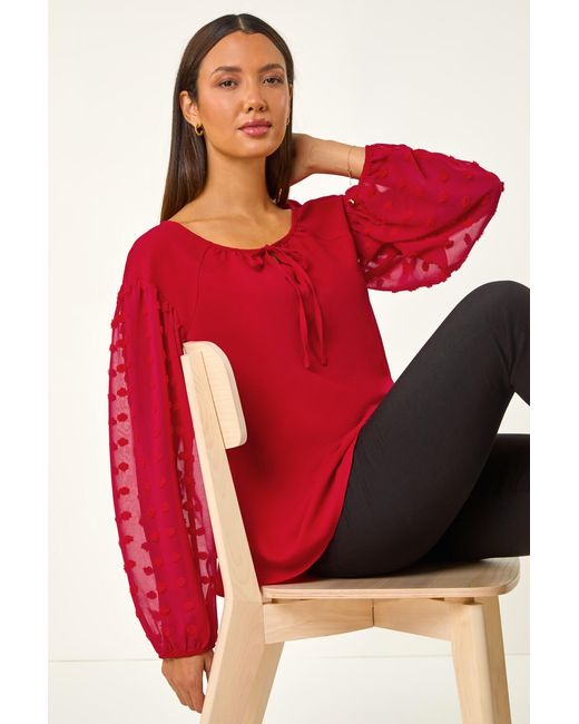 Roman Red Dobby Sleeve Tie Neck Blouse