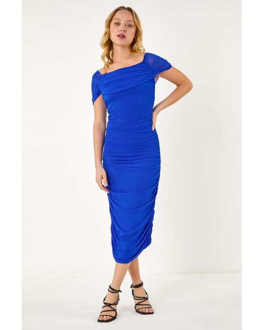D.u.s.k Blue Bardot Ruched Midi Dress