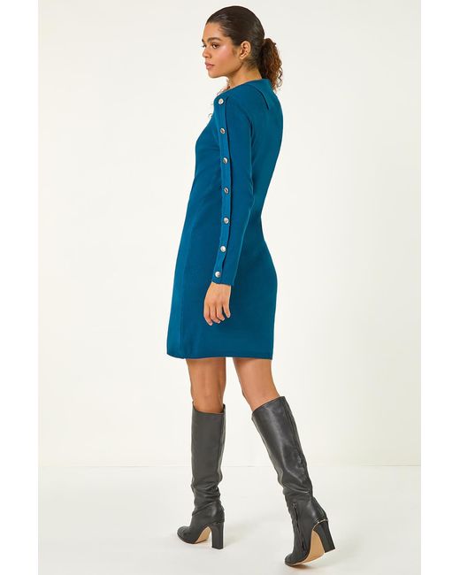 Roman Blue Button Detail Roll Neck Jumper Dress
