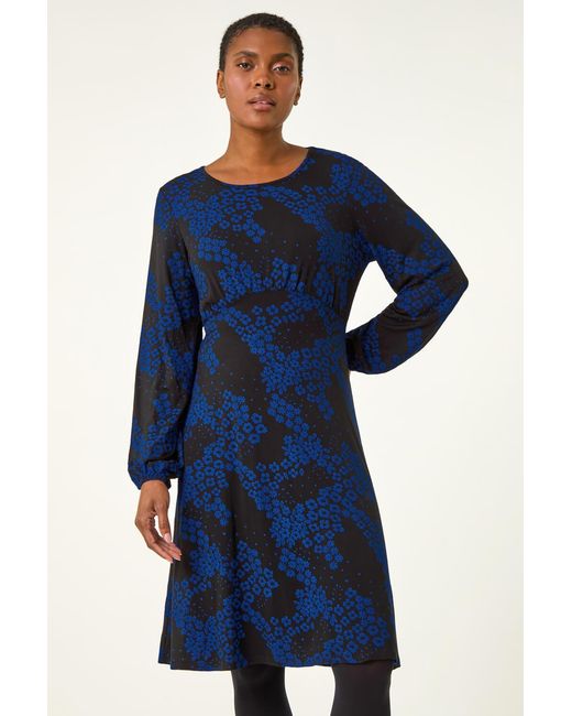 Roman Blue Ditsy Floral Gathered Stretch Dress