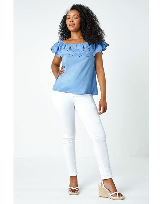 Roman Petite Blue Embroidered Cotton Bardot Top