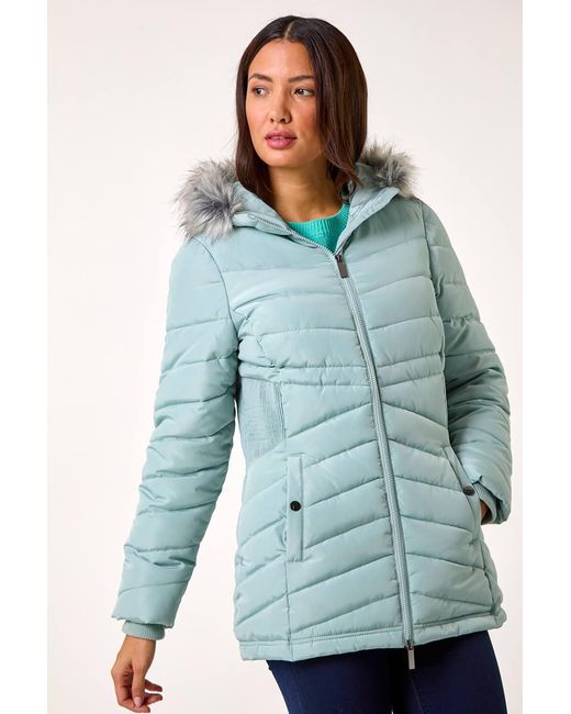 Roman Blue Faux Fur Hooded Quilt Coat