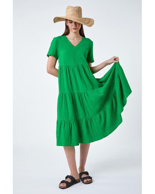 Roman Green Cotton Textured Tiered Midi Dress