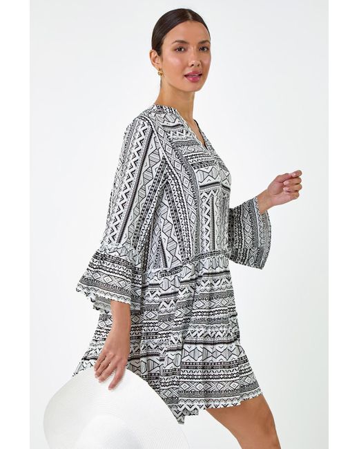 Roman White Aztec Print Frill Smock Dress