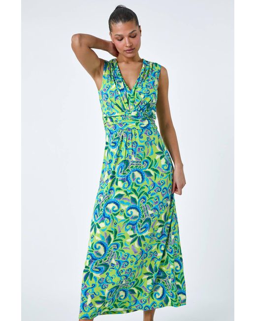 Roman Green Abstract Paisley Print Stretch Maxi Dress