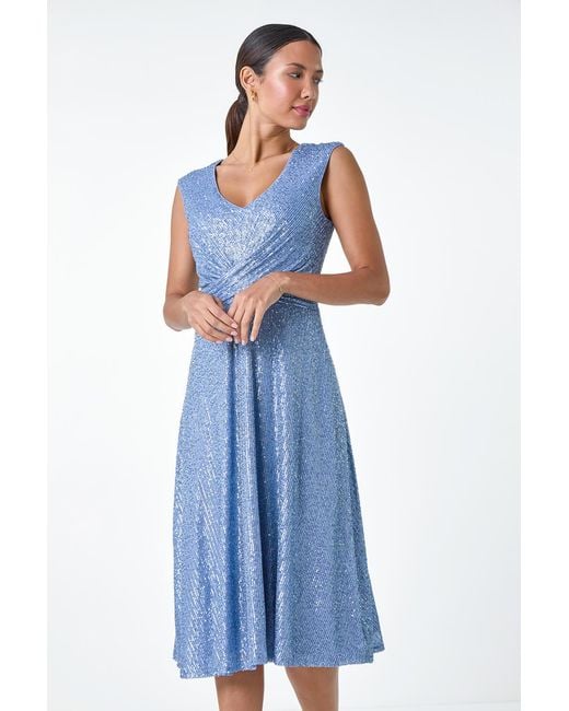 Roman Blue Sequin Wrap Detail Midi Dress