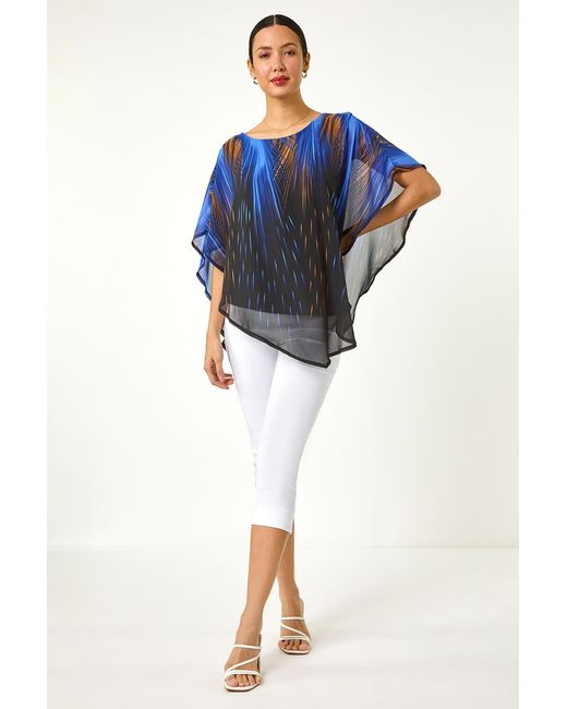 Roman Blue Abstract Stretch Chiffon Overlay Top