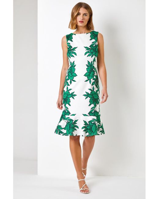 Roman Green Floral Border Print Frill Stretch Dress