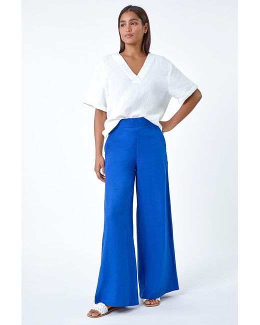 Roman Blue Linen Blend Elastic Waist Wide Leg Trousers