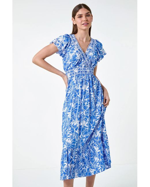 Roman Blue Floral Print Shirred Midi Dress