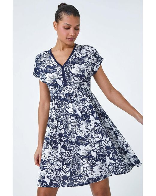 Roman Blue Floral Gathered Stretch Jersey Dress