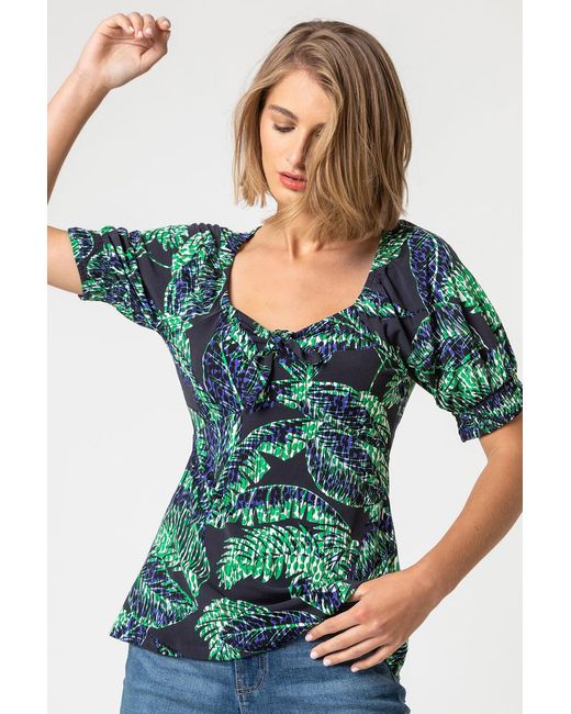 Roman Blue Leaf Print Puff Sleeve Tie Detail Top