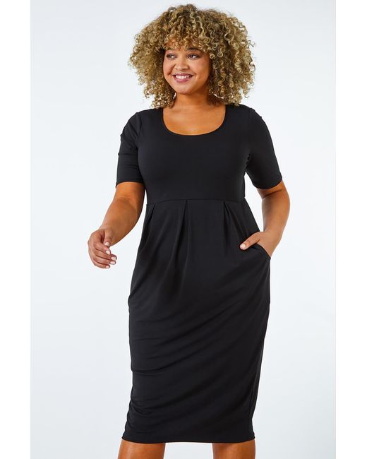 Roman Curve Black Cocoon Pocket Stretch Midi Dress