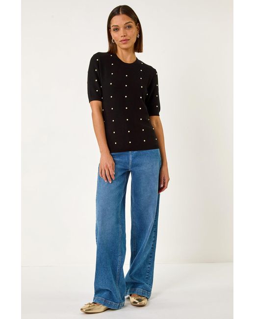 Roman Black Faux Pearl Embellished Knit Top