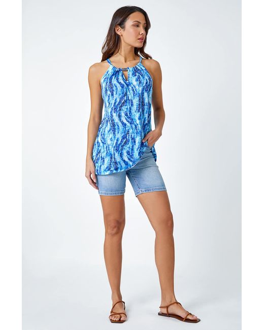 Roman Blue Abstract Print Halter Neck Top