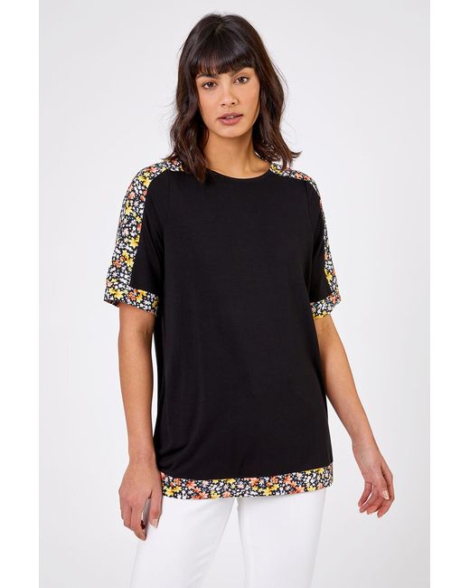 Roman Black Floral Print Contrast Jeresey Top