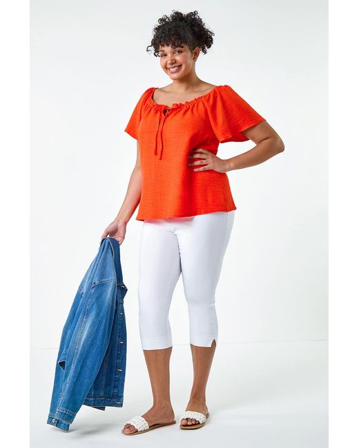 Roman Curve Red Tie Detail Linen Look Bardot Top