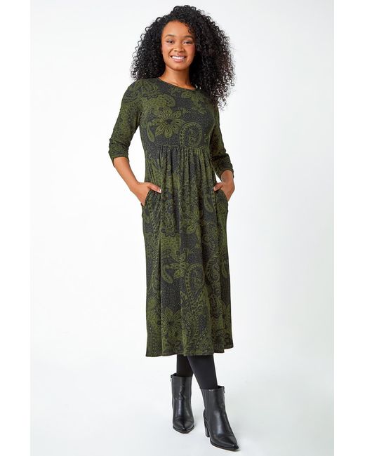 Roman Petite Green Paisley Ruched Stretch Midi Dress