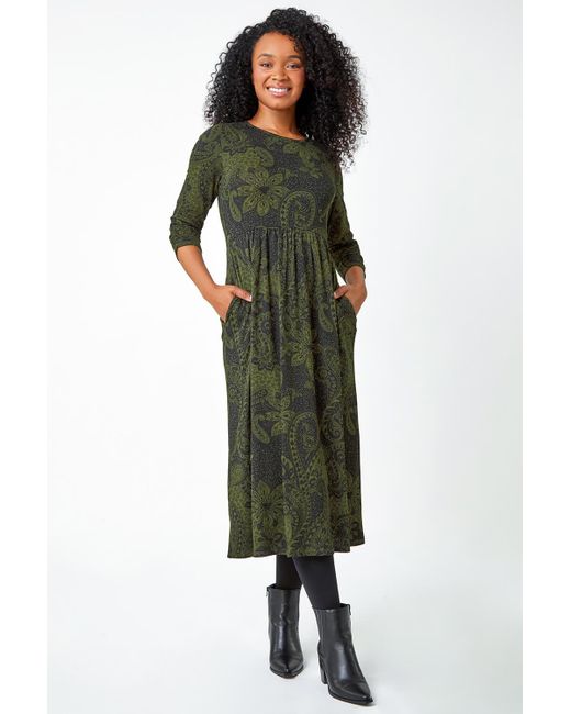 Roman Green Originals Petite Paisley Print Ruched Midi Dress