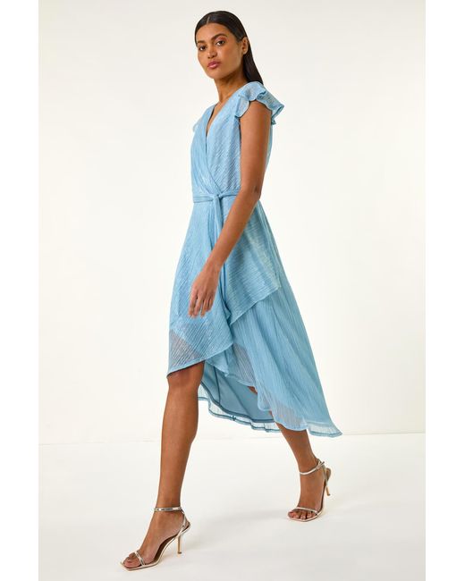Roman Blue Shimmer Plisse Wrap Dress