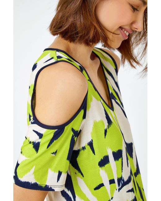 Roman Green Leaf Print V-Neck Cold Shoulder Top