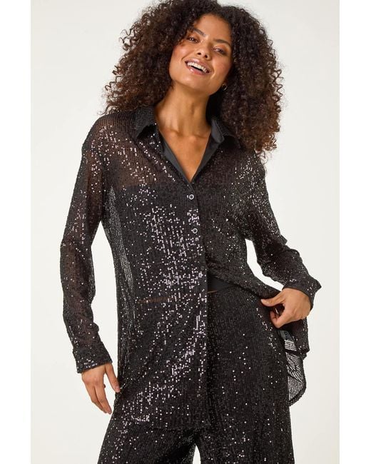 D.u.s.k Black Sequin Button Through Stretch Blouse