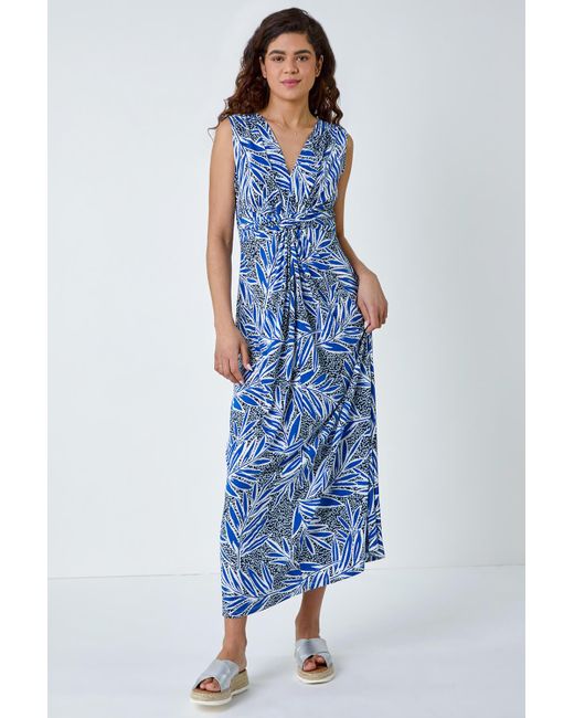 Roman Blue Tropical Puff Print Twist Stretch Maxi Dress