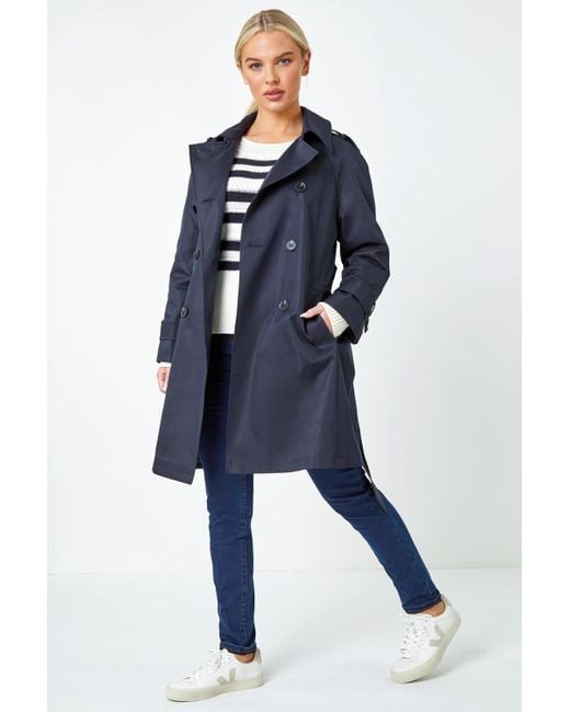 Roman Blue Petite Double Breasted Trench Coat