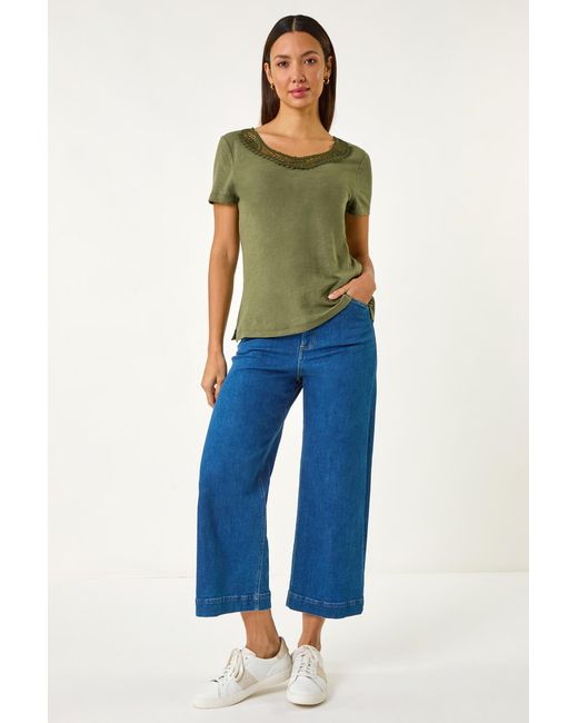 Roman Green Lace Neck Trim Stretch Top