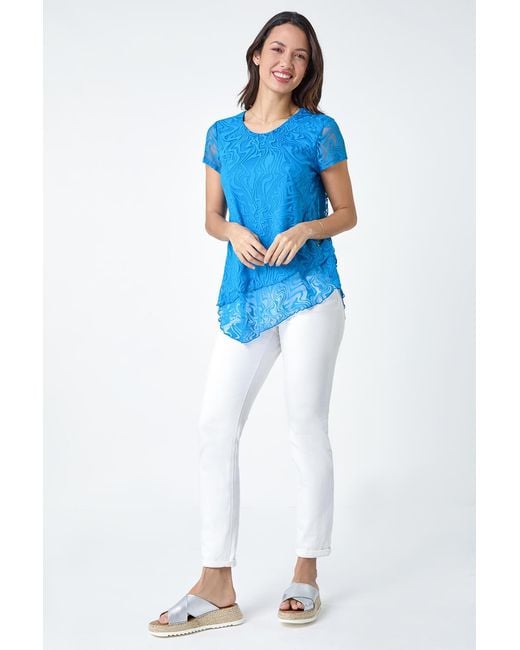 Roman Blue Textured Swirl Print Overlay Top