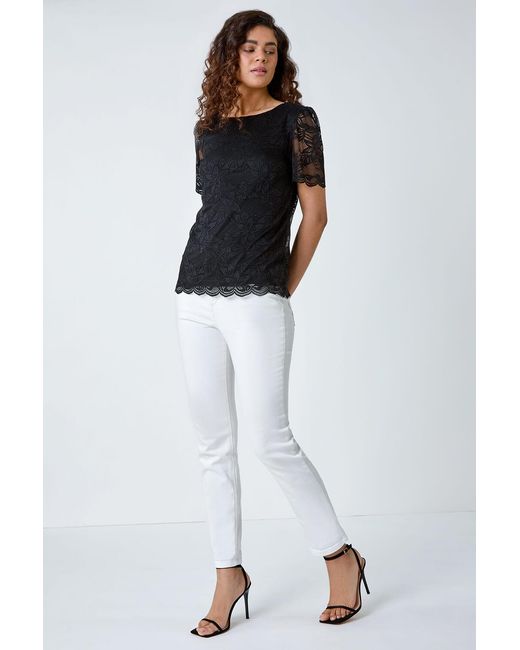 Roman Black Floral Stretch Lace Top