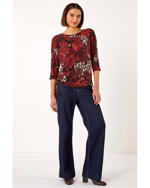 Roman Red Leaf Print Side Tie Stretch Top