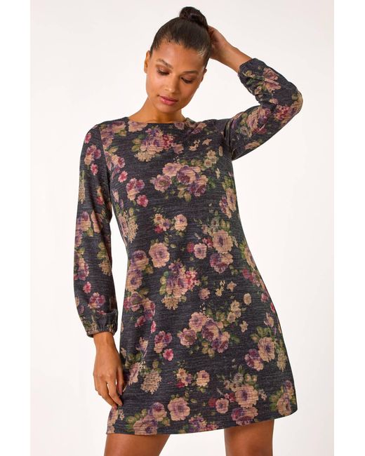Roman Purple Floral Print Stretch Swing Dress