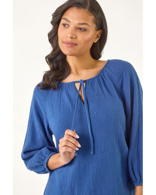 Roman Blue Cotton Tie Neck Tunic Top