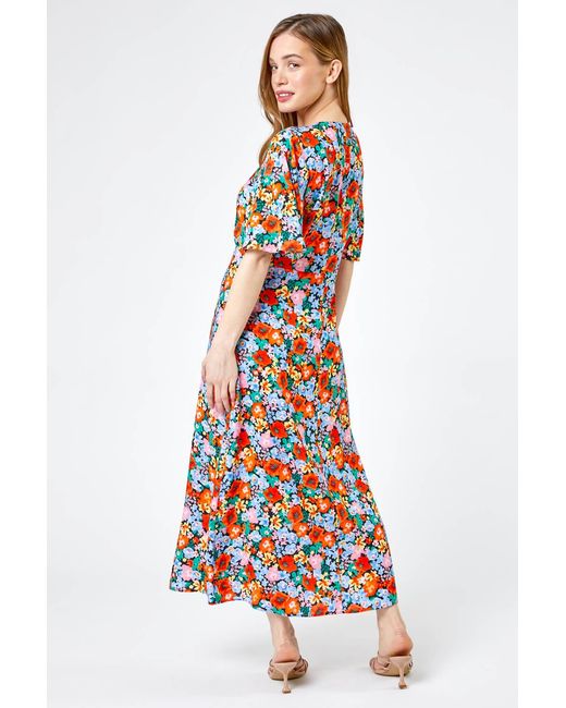 Roman Petite Orange Floral Button Through Midi Dress