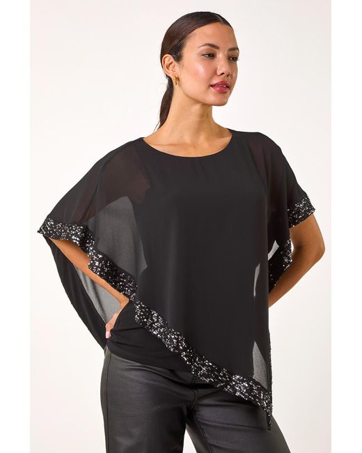 Roman Blue Sequin Hem Overlay Stretch Top