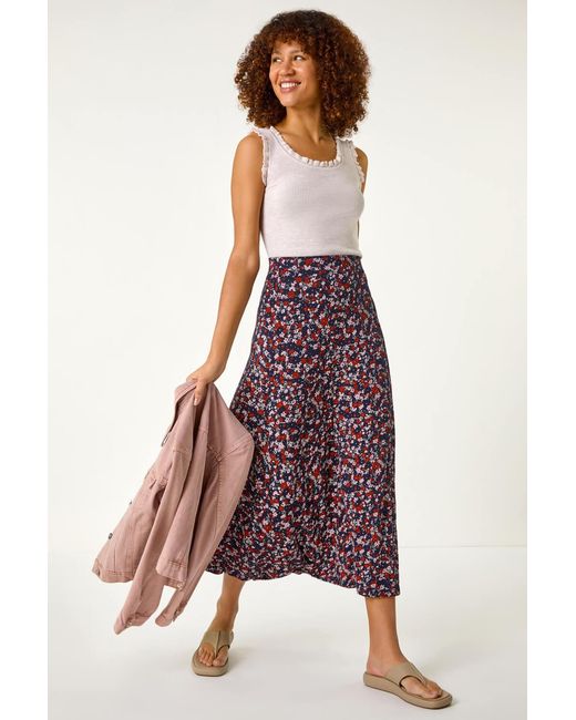 Roman Blue Ditsy Floral Stretch Midi Skirt