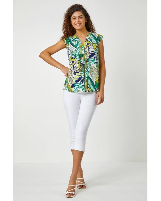 Roman Green Abstract Leaf Print Frill V-Neck Blouse