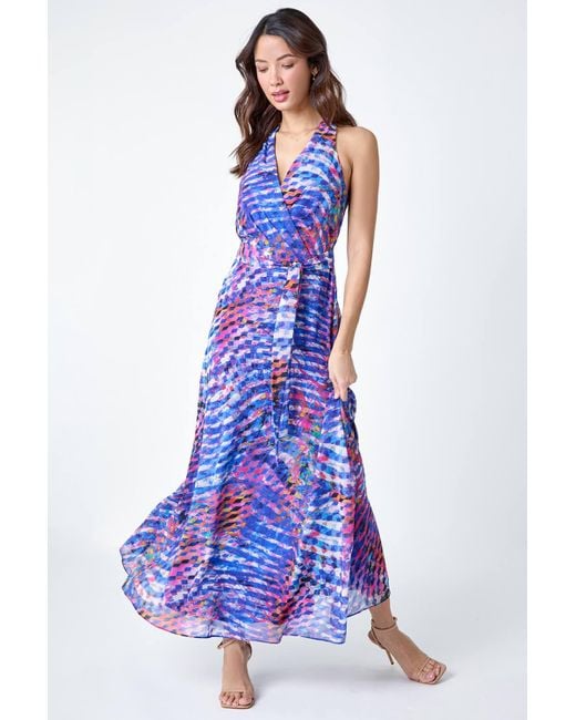 Roman Blue Abstract Print Halterneck Maxi Dress
