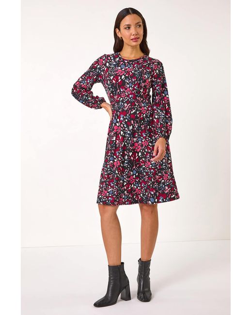 Roman Red Floral Print Ruched Stretch Dress