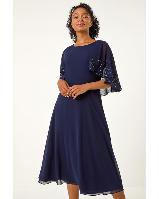 Roman Petite Blue Hotfix Embellished Back Cape Dress