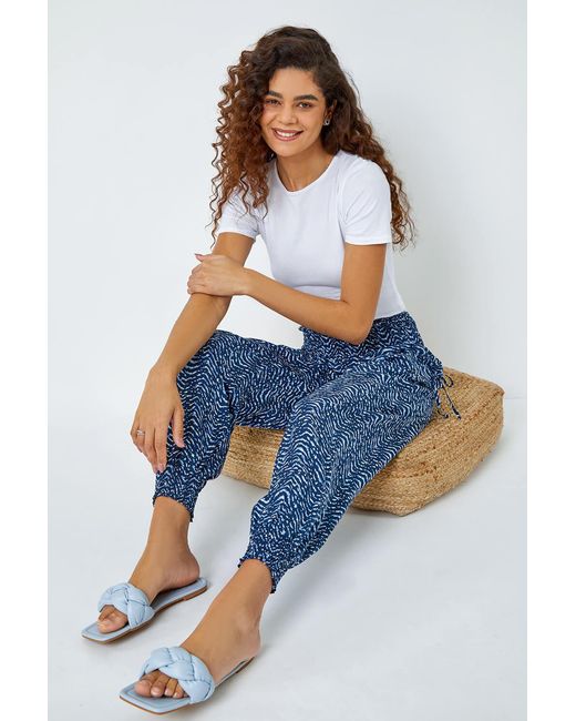 Roman Blue Wave Print Elastic Waist Hareem Trousers