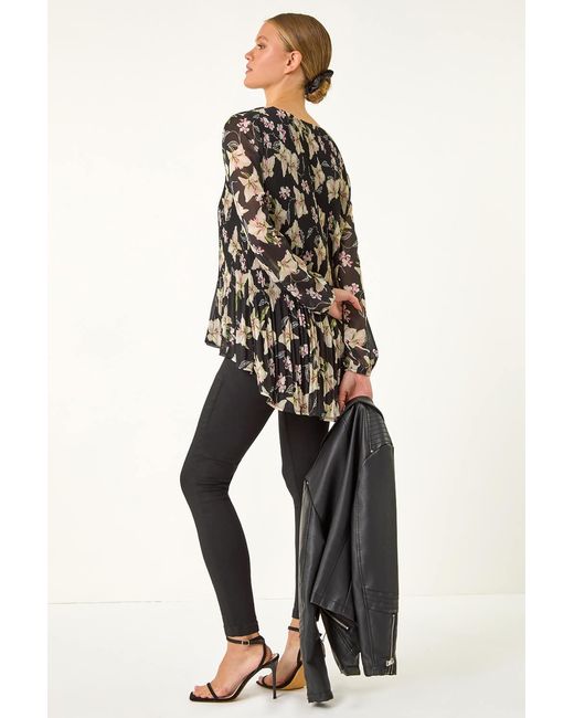 Roman Black Floral Print Pleated Top