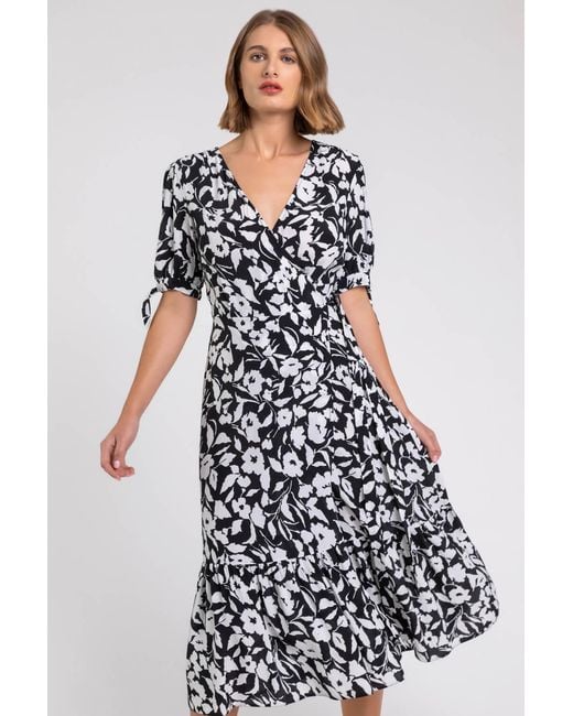 Roman Black Tiered Floral Print Wrap Dress