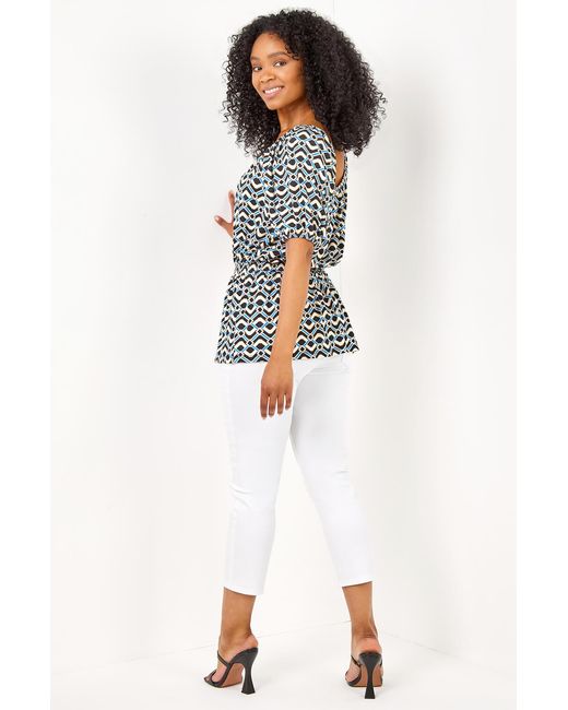 Roman Petite Blue Geo Print Shirred Waist Top